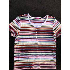 Pappagallo Womens Multi Color Striped Short Sleeve Henley Top Large Cotton Blend